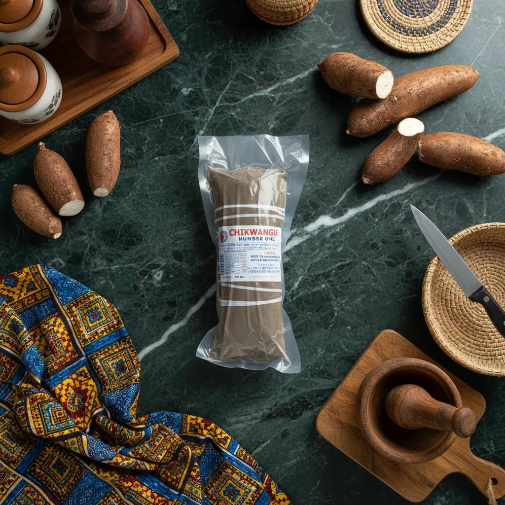 Kwanga Pâte de Manioc sous vide sur table de cuisine avec manioc frais, parfaite pour plats traditionnels et modernes, texture unique garantie.